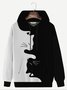 Royaura Casual Black and White Cat Cartoon Men's Long Sleeve Drawstring Hoodies Stretch Pocket Casual Pullover Sweatshirts
