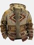 Royaura Vintage Aztec Khaki Men's Drawstring Hoodies Stretch Warm Fleece Ethnic Geometric Art Pullover Sweatshirts