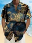 Royaura® Vintage Blue And Gold Abstract Ethnic Pattern Print Chest Pocket Shirt Plus Size Men's Shirt