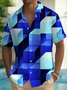 Royaura® Retro Geometric 3D Stereo Blue Print Men's Button Pocket Short Sleeve Shirt