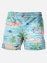 Royaura® Hawaiian Coconut Tree Flamingo Print Men's Beach Shorts