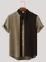 Men's Contrast Striped Stand Collar Natural Fiber Basic Short Sleeve Shirt