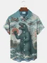 Royaura® Retro Ukiyoe Japanese Godzilla Aircraft War Print Men's Button Pocket Short Sleeve Lapel Shirt Big & Tall