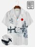 Royaura Men's Vintage Japanese Shirt Landing Sunset Ink Art Wrinkle Free Seersucker Easy Care Oversized Aloha Shirts