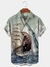 Royaura Cotton Retro Sailing Shark Waves Men's Oversized Short Sleeve Shirt