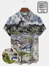 Royaura Beach Vacation Vintage Dinosaur Art Men's Hawaiian Shirts Stretch Wrinkle Free Seersucker Pocket Camp Shirts