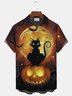 Royaura Halloween Pumpkin Black Cat Cross Print  Men's Hawaiian Oversized Shirt with Pockets