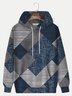 Rpyaura Holiday Casual Retro Geometric Art Blue Men's Drawstring Hoodies Stretch Large Size Color Block Pullover Sweatshirts