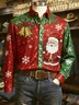 Royaura® Christmas Santa Bell Print Men's Lapel Button-Down Long Sleeve Shirt Big & Tall