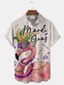 Royaura® Mardi Gras Carnival Flamingo Mask and Prayer Beads Print Men's Button-Down Short-Sleeve Holiday Shirt Big & Tall