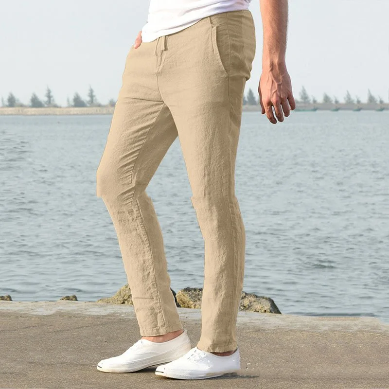 Summer New Nature  Fiber Pants Casual Loose Pure Color Tether Elastic Waist Men's Pants