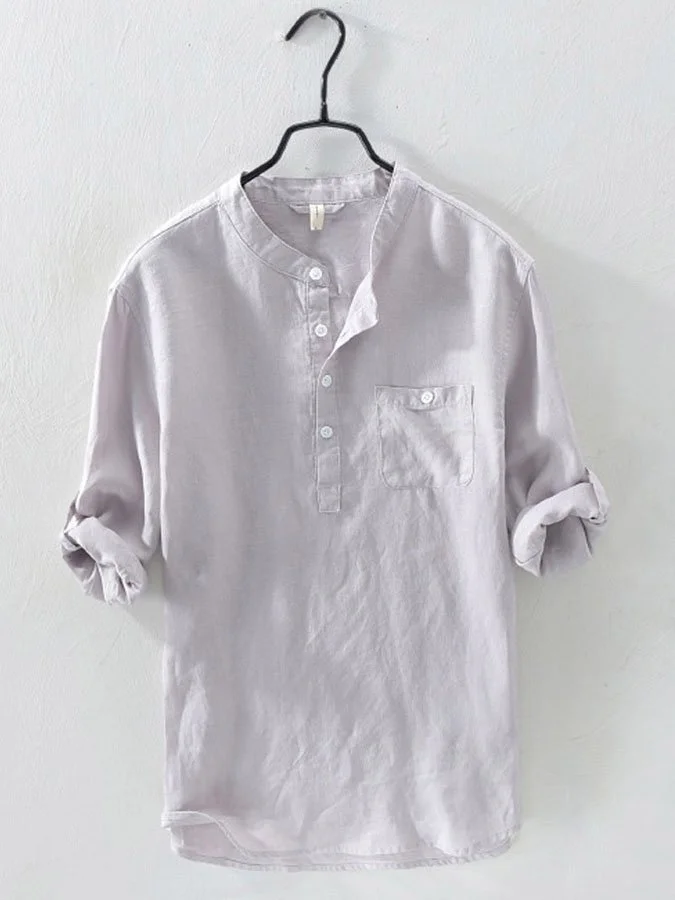 Royaura Men's Casual Stand Band Collar Basic Cotton Linen Plain Long Sleeve Shirt