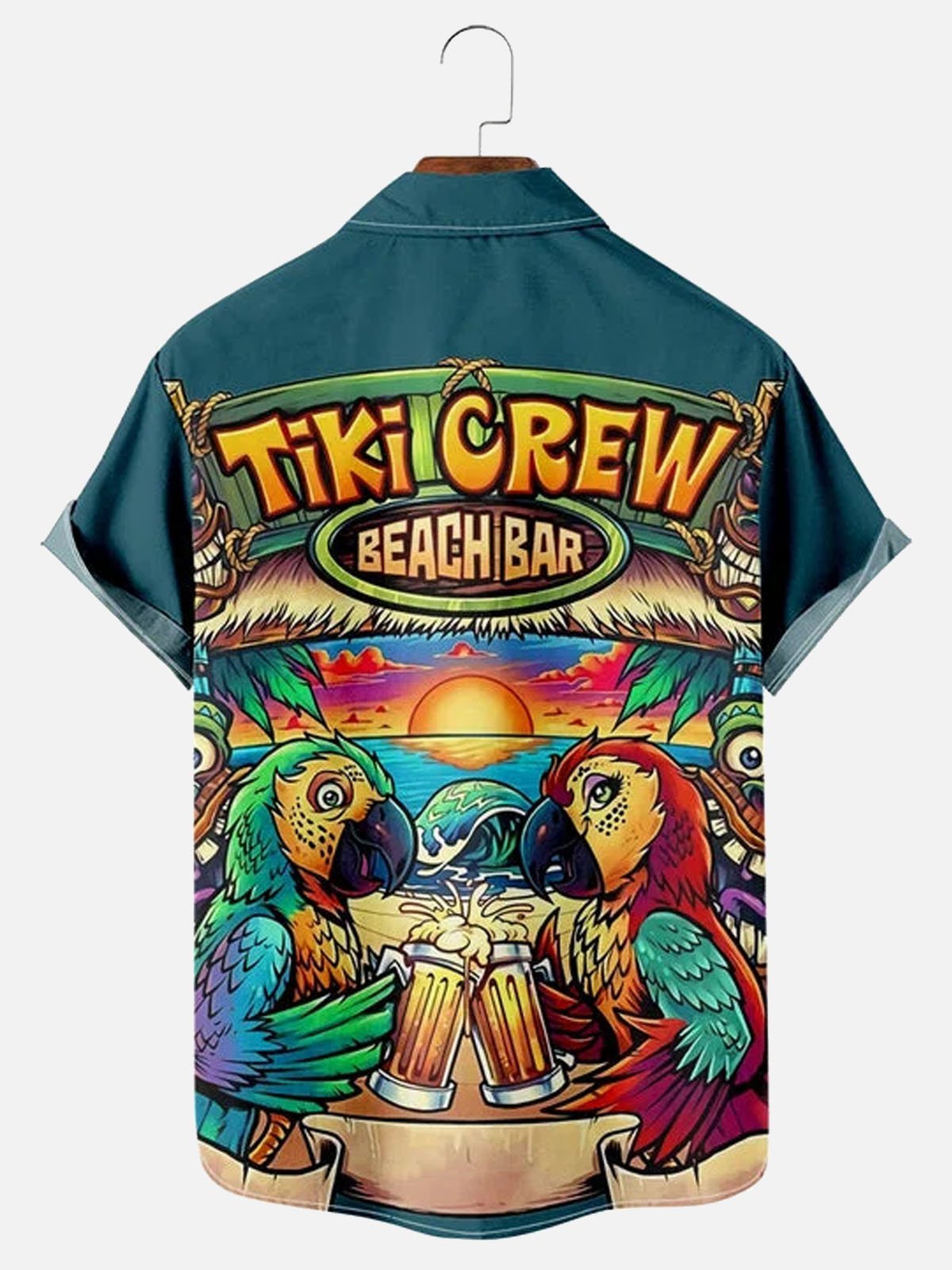 Men's Parrot Tiki Bar Print Loose Short Sleeve Hawaiian Shirt
