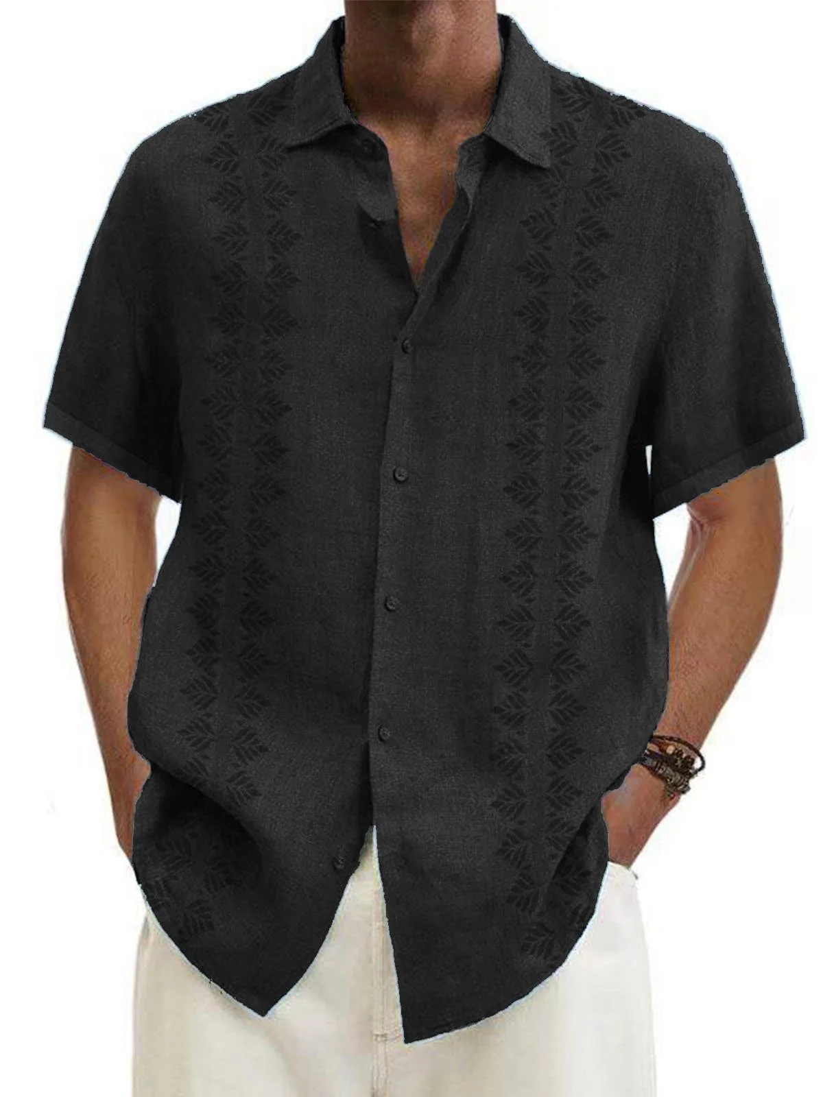 Men's Vintage Fern Stripe Print Natural Fiber Short Sleeve Bowling Shirt