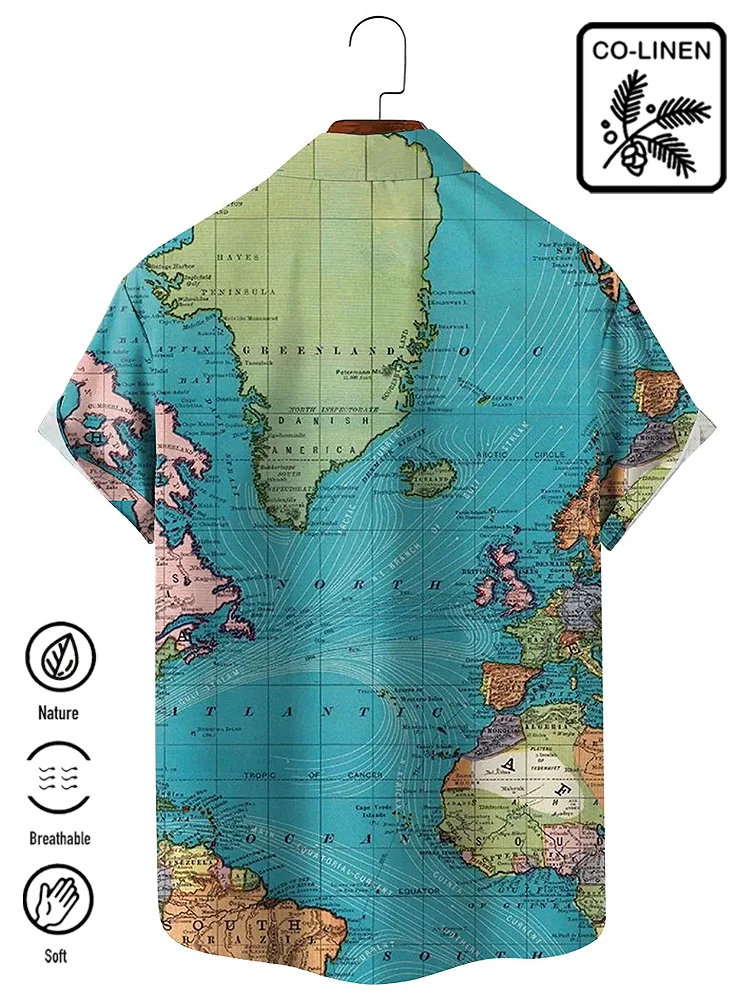 Royaura Natural Fiber Breathable Navigation Map Retro Men's Vacation Hawaii Plus Size Aloha Shirt