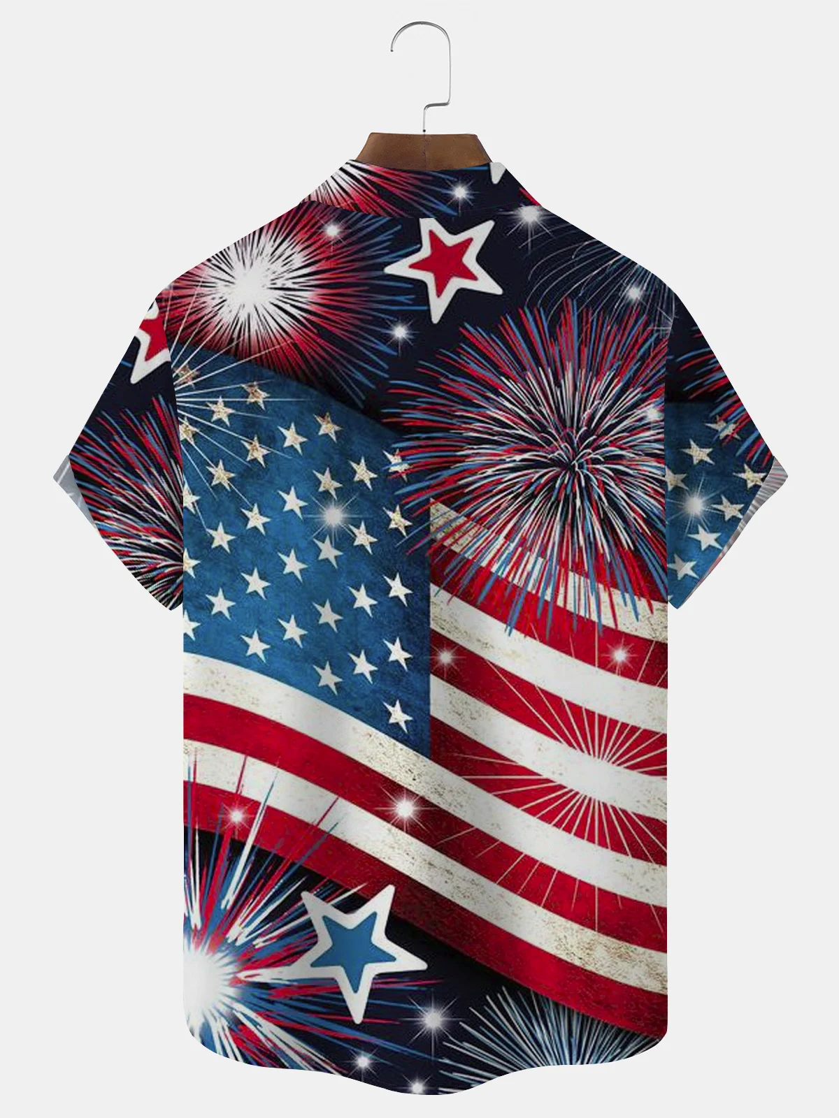 Royaura Holiday Casual Blue Independence Day Men's Camp Shirts Plus Stretch American Flag Aloha Pocket Shirts