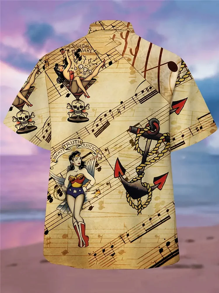 Royaura Vintage Camp Collar Music Pin Up Girl Print Beach Men's Hawaiian Oversized Shirt With Pocket