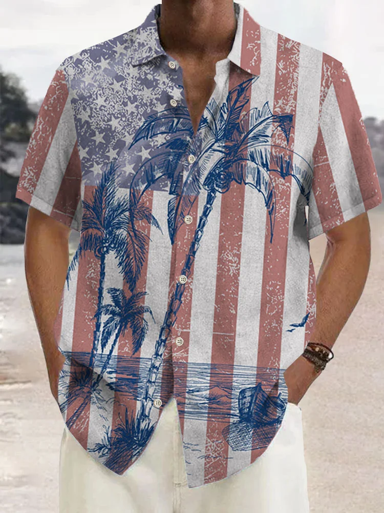 Royaura Vintage Comfortable American Flag Coconut Tree Print Shirt Plus Size Shirt