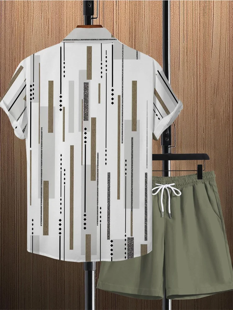 Royaura Geometric Hawaiian Print Men's Button Pocket Two-Piece Shirt Shorts Set