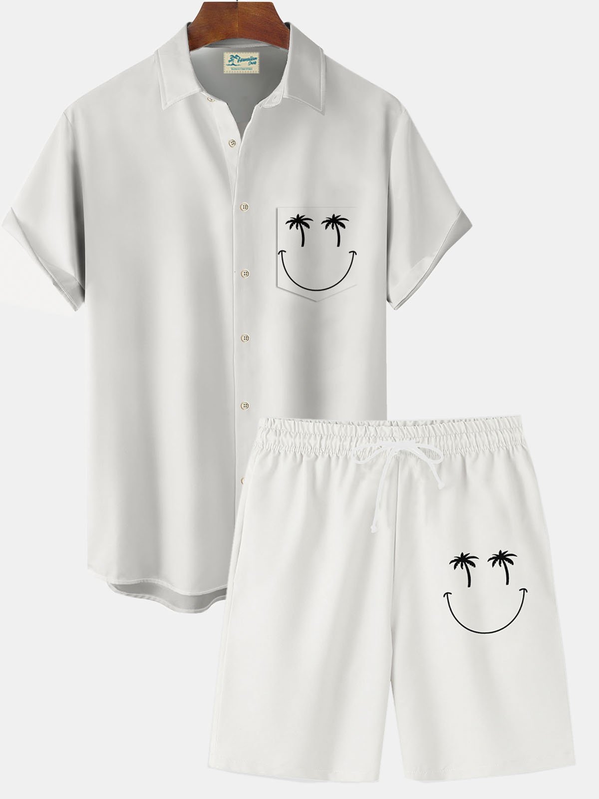 Royaura Hawaiian Coconut Tree Smiley Leaf Print Men's Button Pocket Shirt And Shorts Set