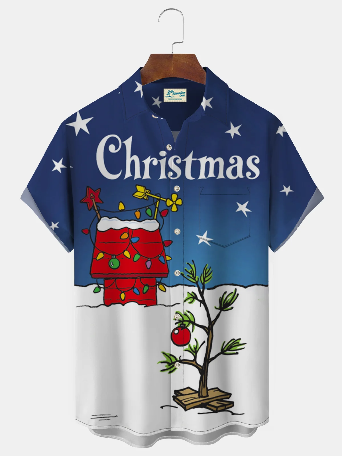Royaura Christmas Holiday Blue Men's Shirts Cartoon Art Christmas Tree Lights Stretch Pocket Hawaiian Shirts