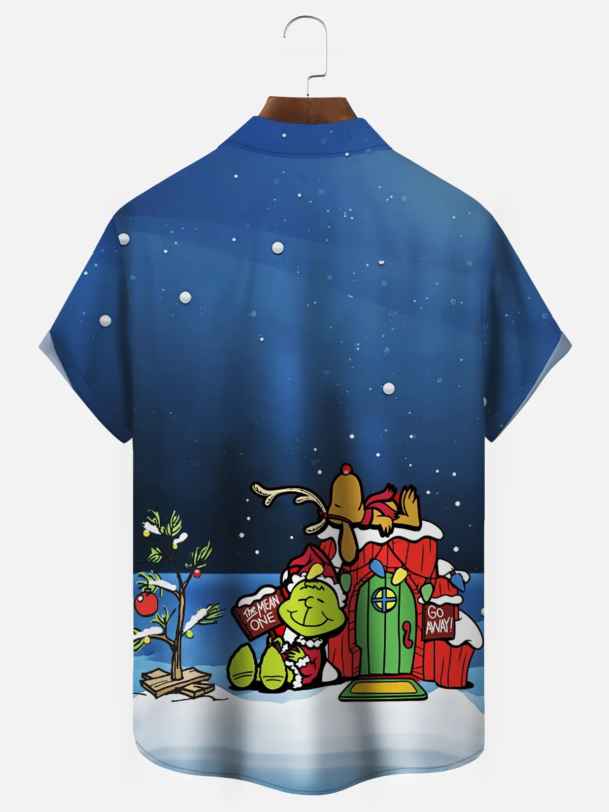 Royaura Holiday Christmas Blue Men's Hawaiian Shirts Retro Cartoon Christmas Tree Funny Animal Elk Shirts Big Tall