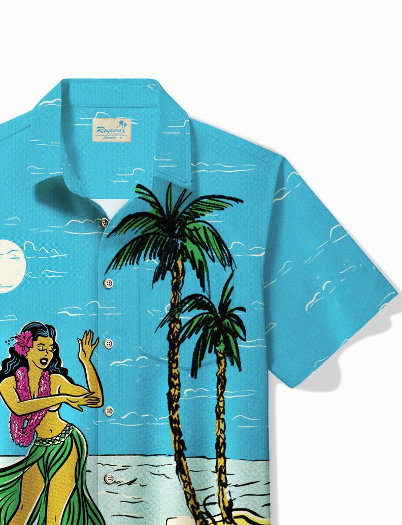 Royaura® x 50s Vintage Dame Beach Vacation Men's Hawaiian Shirt Under Coconut Tree Hula Girls Print Stretch Pocket Camping Shirt Big Tall