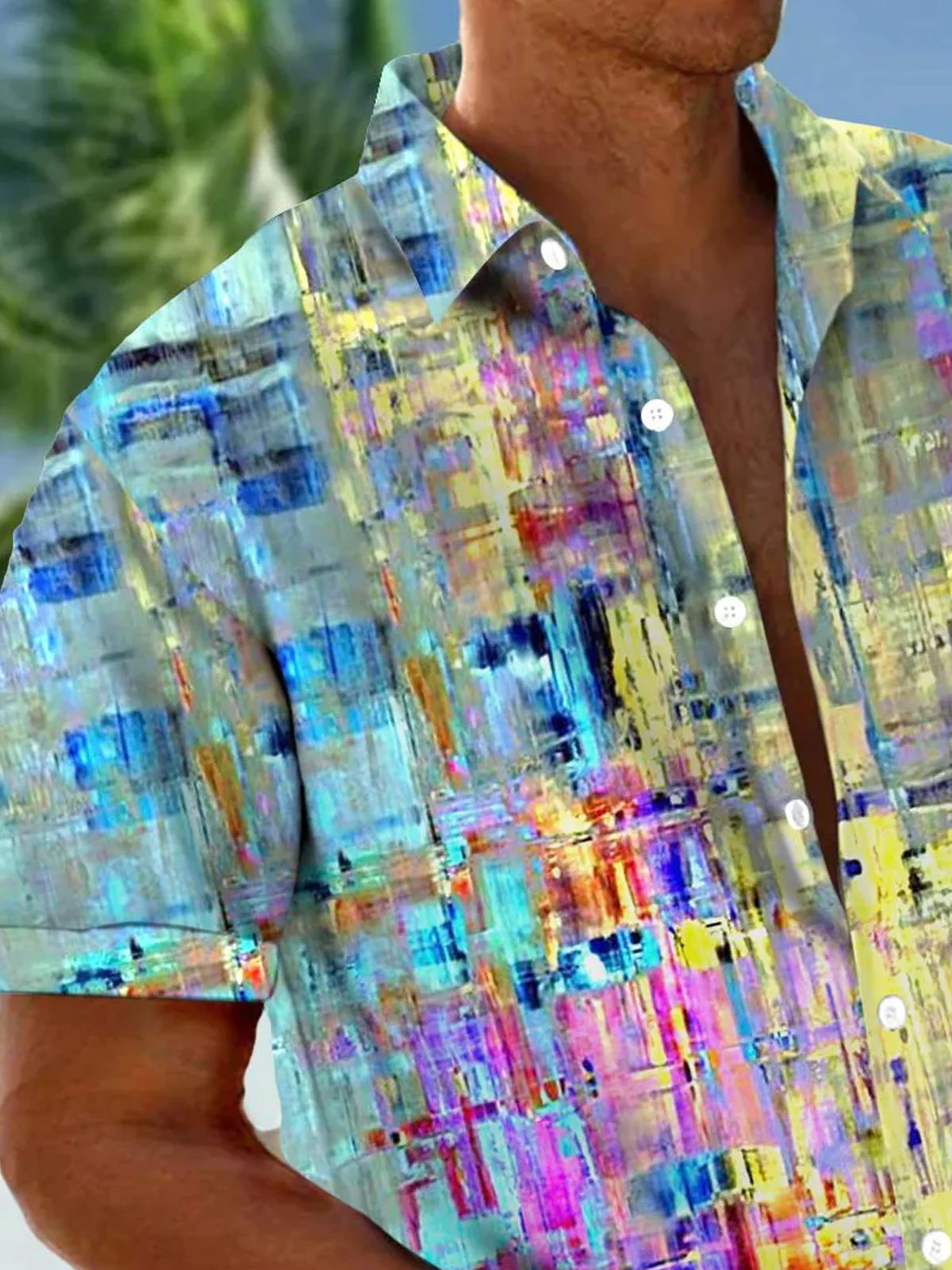 Royaura®Hawaii Gradient Fluorescent Contrast Color Splicing Print Men's Button Pocket Short Sleeve Shirt
