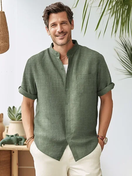 Royaura Men's Casual Natural Fiber Stand Collar Soft & Breathable Short Sleeve Shirt