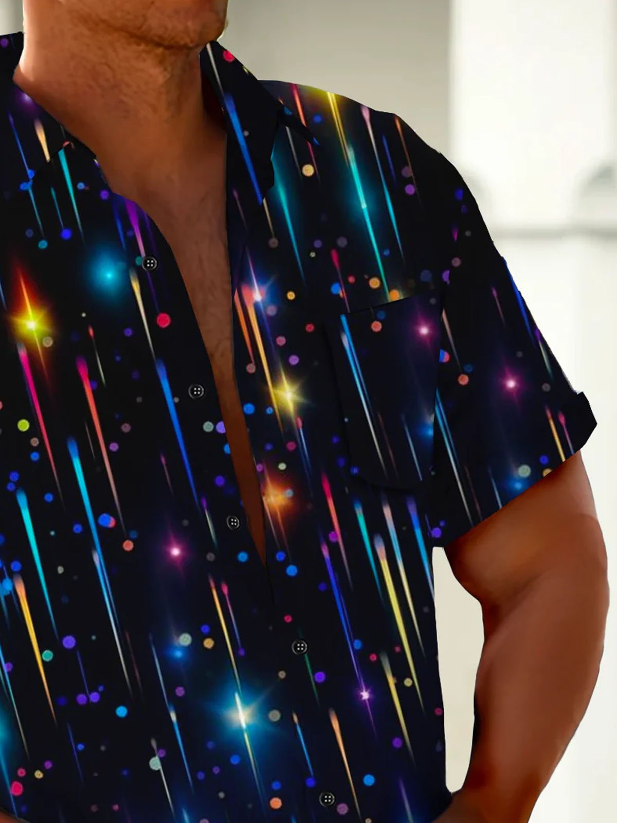 Royaura®Retro Gradient Meteor Print Men's Button Pocket Short Sleeve Shirt
