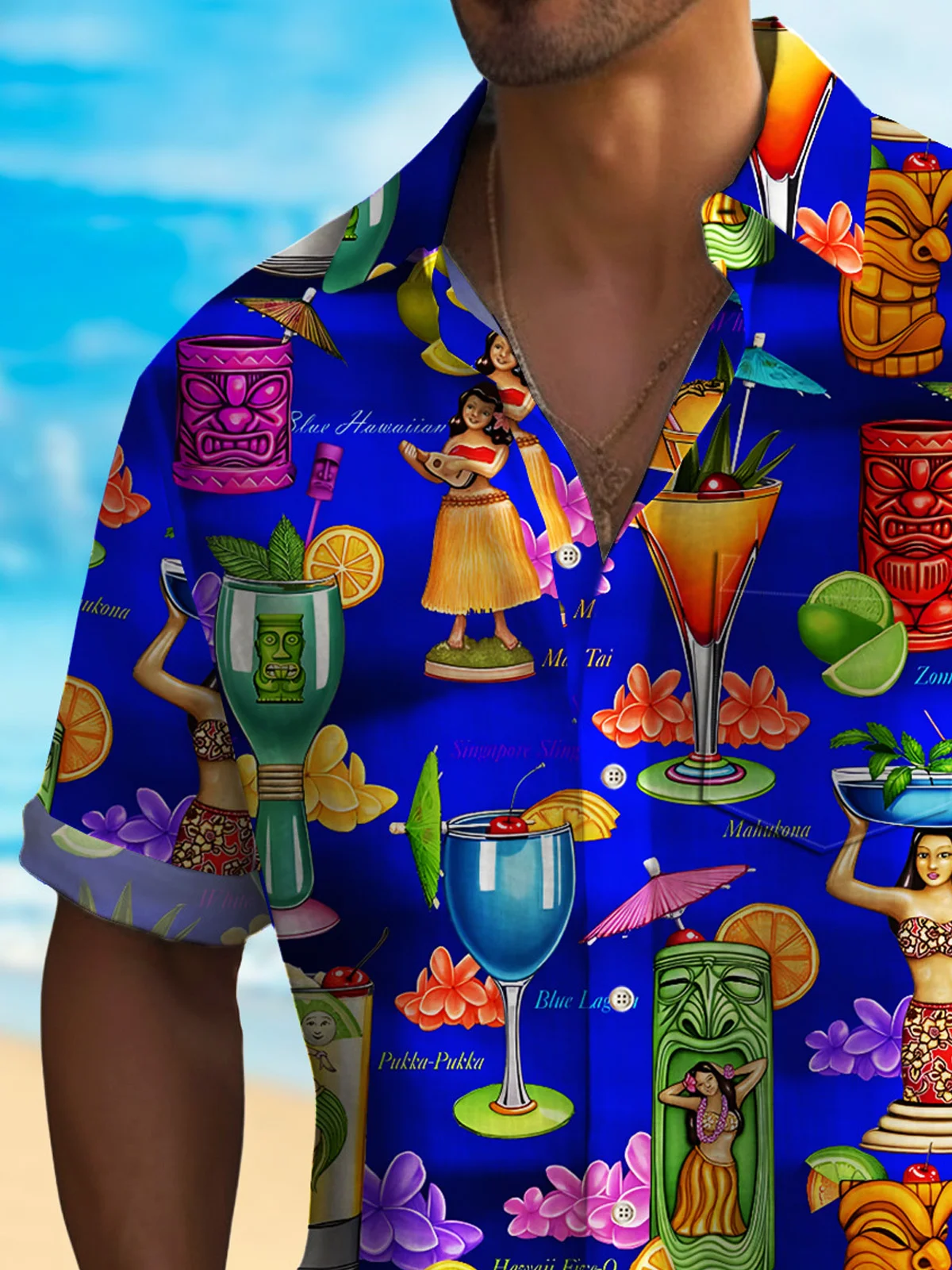 Royaura® Beach Vacation Tiki Cup Men's Hawaiian Shirt Stretch Quick Dry Camp Tropical Cocktail Shirt Big Tall
