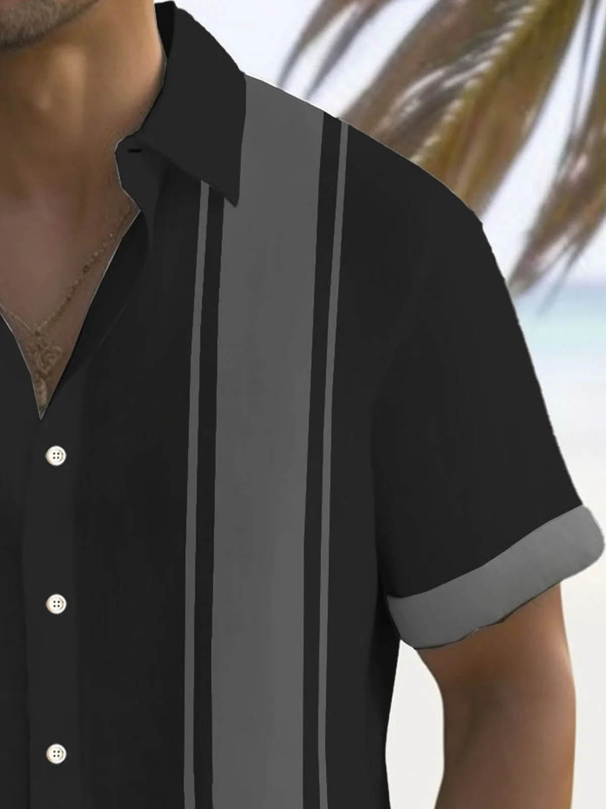 Royaura® Retro Bowling Stripe Contrast Print Men's Button Pocket Short Sleeve Shirt