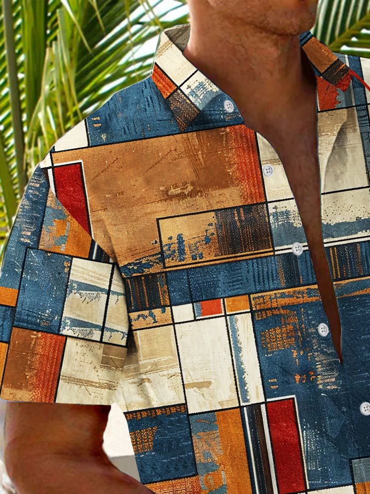 Royaura® Vintage Geometric Print Chest Pocket Shirt Plus Size Men's Shirt