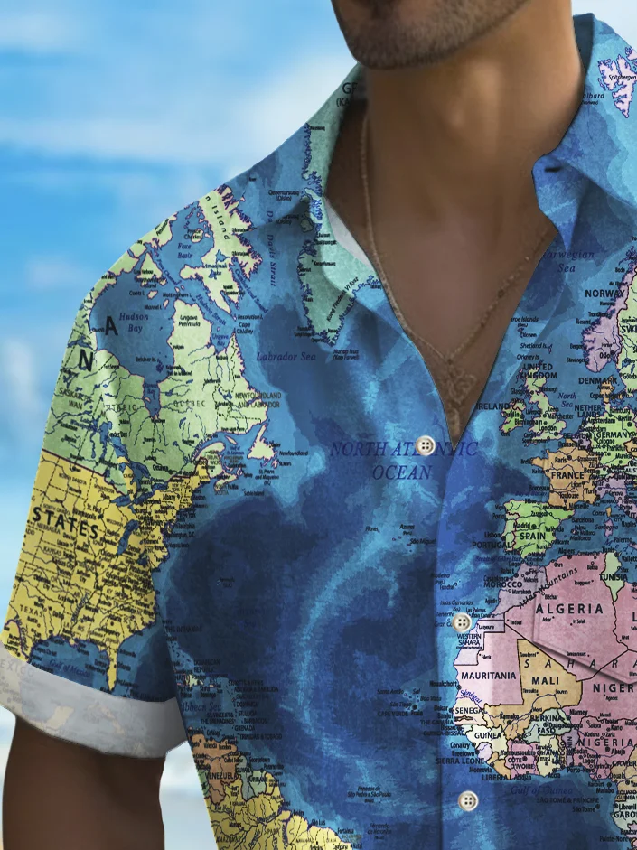 Royaura® Vintage World Map Print Chest Pocket Shirt Plus Size Men's Shirt