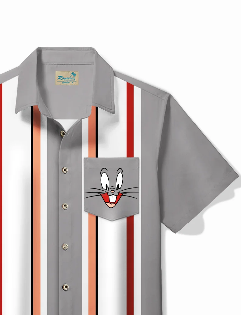 Royaura® Vintage Bowling Cartoon Print Chest Pocket Shirt Plus Size Men's Shirt