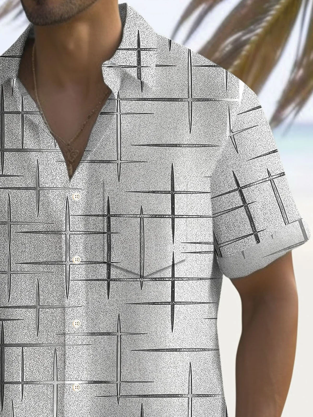Royaura® Retro Geometric Textured Silver 3D Print Men's Button Pocket Short Sleeve Shirt
