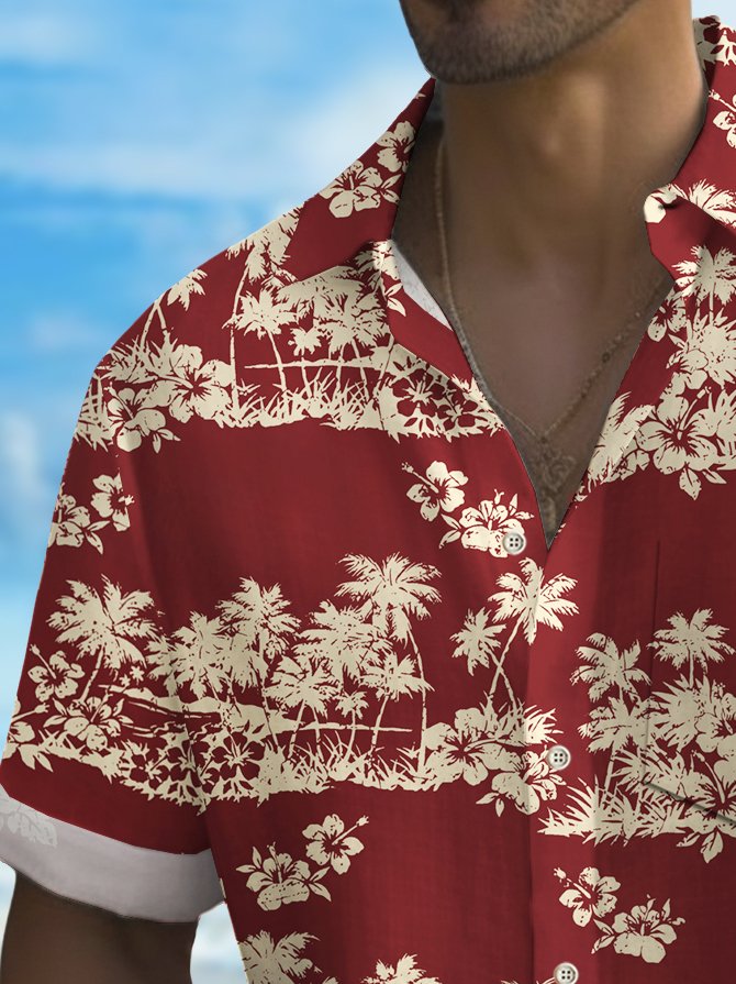 Royaura® Beach Vacation Men's Hawaiian Shirt Plant Coconut Hibiscus Print Pocket Camping Shirt Big Tall