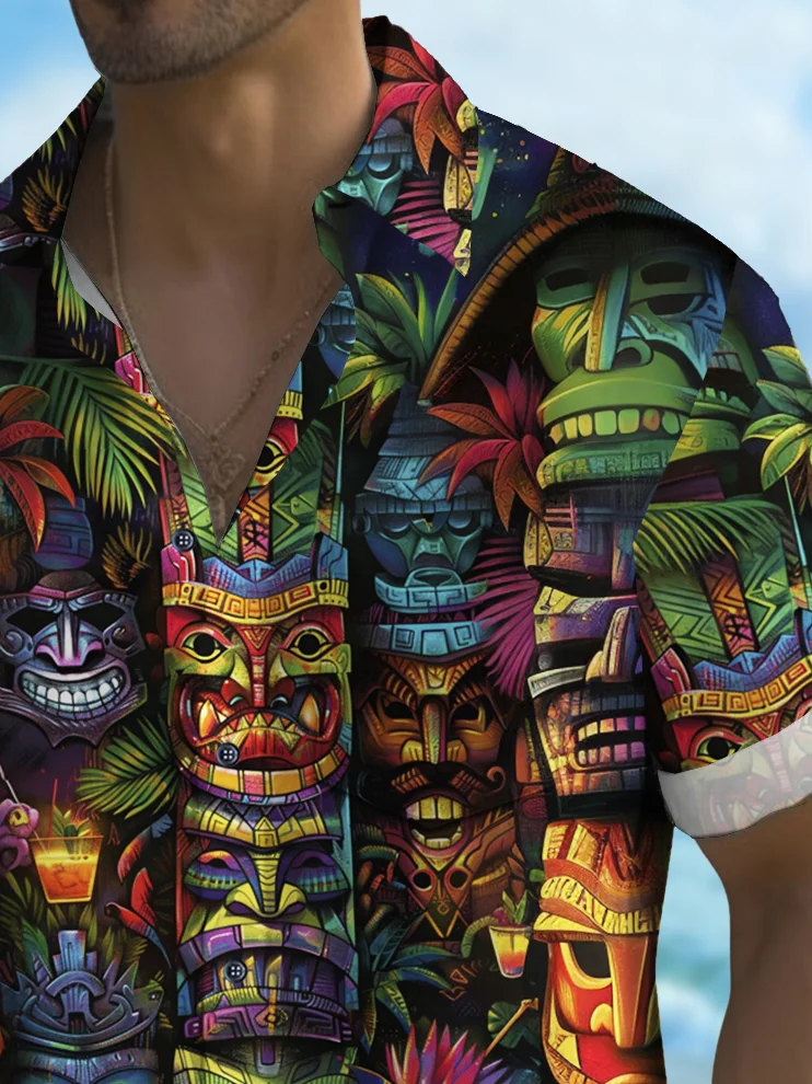 Royaura® Beach Vacation Men's Hawaiian Shirt Tiki Print Tiki Sculptor Pocket Camping Shirt Big Tall