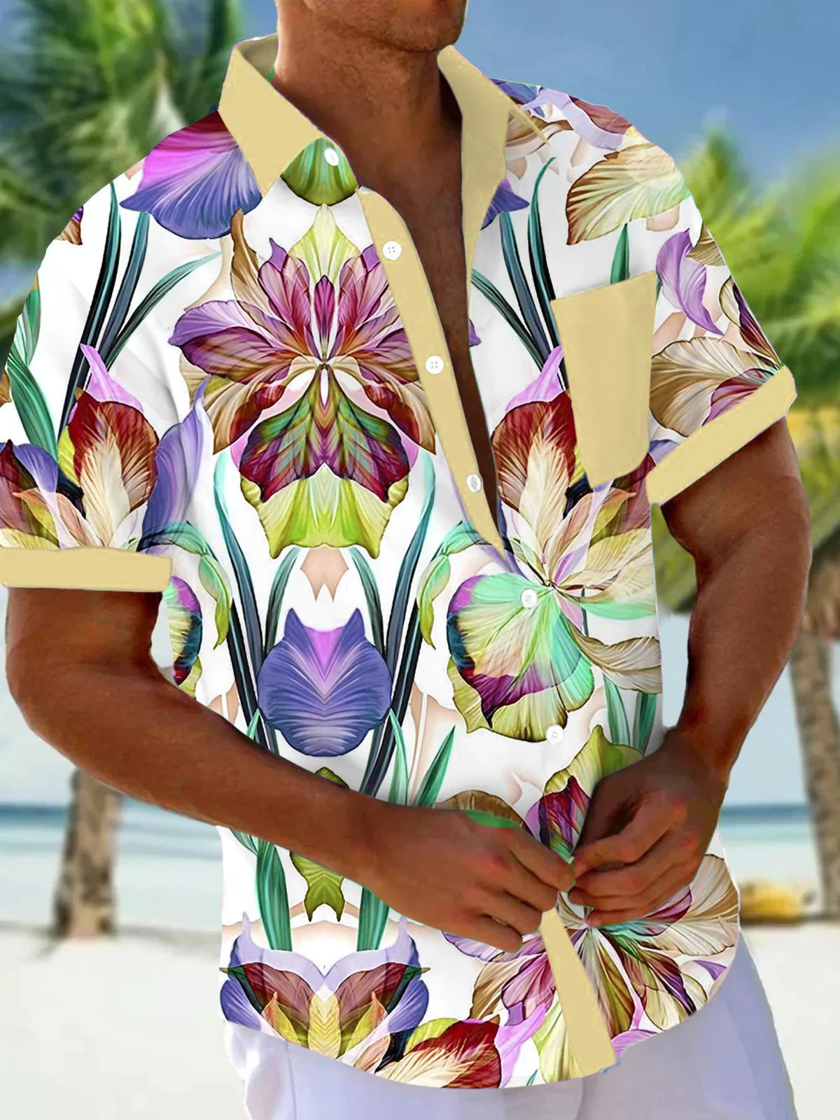 Royaura®Hawaiian Floral Print Men's Button Pocket Short Sleeve Shirt
