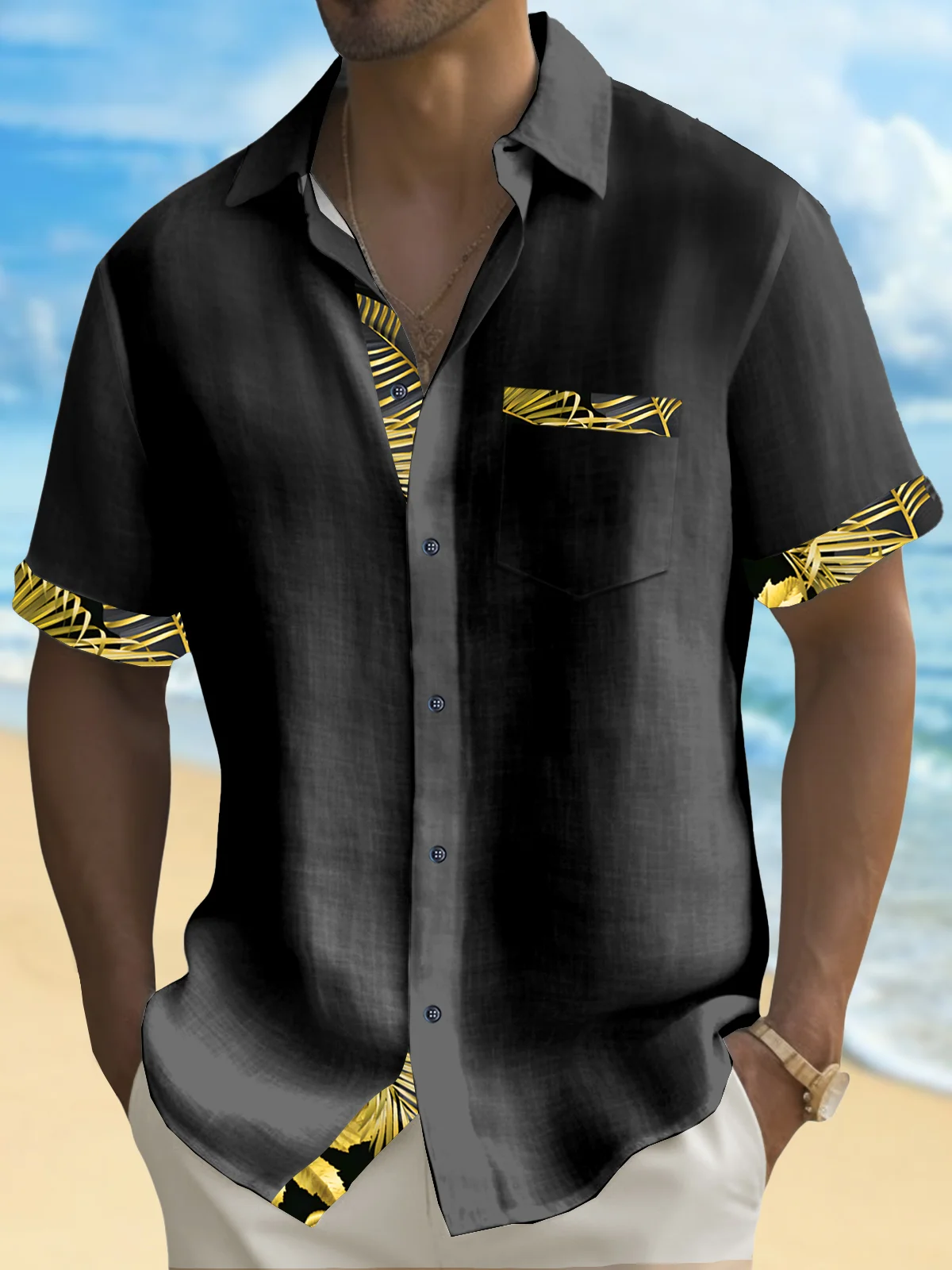 Royaura® Basic Men's Hawaiian Shirt Gold Botanical Print Stretch Pocket Camping Shirt