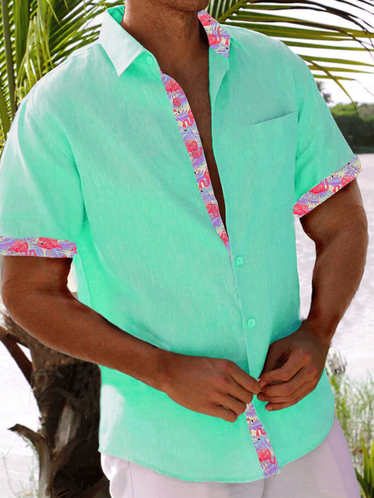 Royaura® Beach Holiday Flamingo Pink Men's Shirt Pocket  Basics Camp Shirt Big Tall