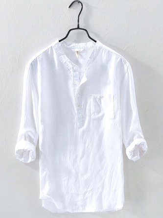 Royaura Men's Casual Stand Band Cotton Linen Collar Basic Plain Long Sleeve Shirt