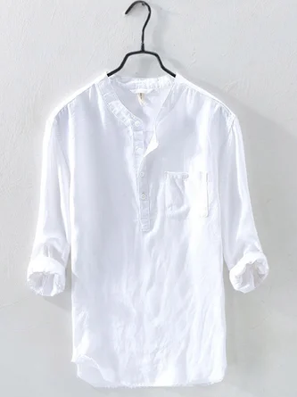 Royaura Men's Casual Stand Band Cotton Linen Collar Basic Plain Long Sleeve Shirt