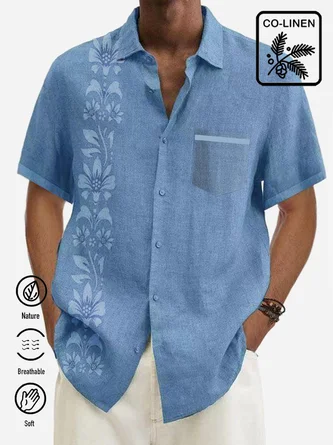 Men's Vintage Floral Print Cotton Linen Short Sleeve Bowling Shirt