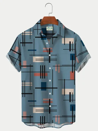 Royaura Men's Vintage Geometric Pattern Printed Hawaiian Shirt Breathable Plus Size Shirt