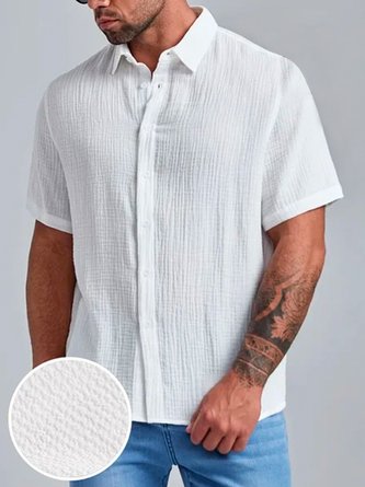 Men's Seersucker Wrinkle-Free Solid Color Casual Basic Short Sleeve Shirt
