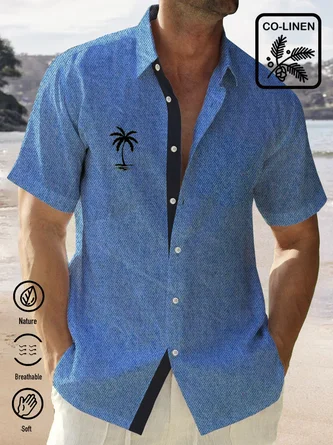 Royaura Hawaiian Blue Linen Denim Imitation Coconut Tree Print Chest Pocket Holiday Hawaiian Shirts