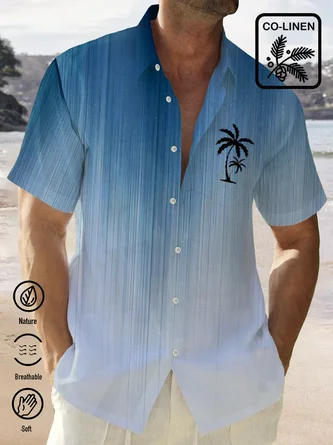 Royaura Men's Cotton Linen Gradual Texture Coconut Tree Print Chest Bag Shirt Plus Size Shirt