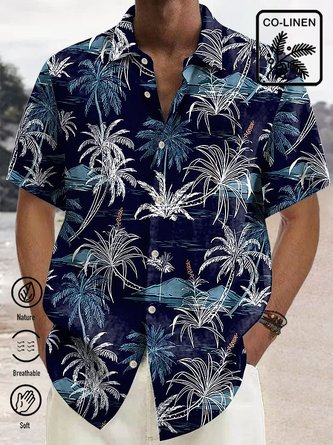 Royaura Linen Hawaiian Coconut Tree Blue Print Chest Bag Shirt Plus Size Holiday Shirt
