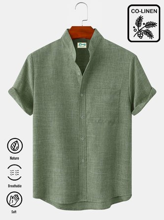 Royaura Men's Casual Cotton Linen Stand Collar Soft & Breathable Short Sleeve Shirt